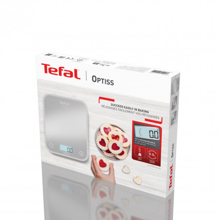 Кухненска везна Tefal Optiss BC50U4V0, До 5 кг, ТАРА, LCD, Стъкло, Големи цифри, Сребрист