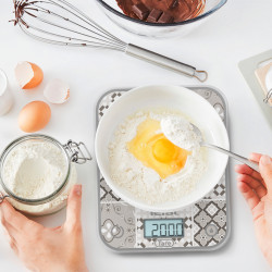 Кухненска везна Tefal Optiss BC50D6V0, До 5 кг, ТАРА, LCD, Стъкло, Големи цифри, Сив/декоративен десен