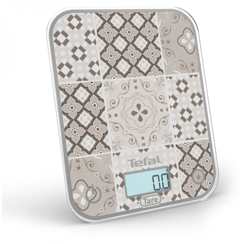 Кухненска везна Tefal Optiss BC50D6V0, До 5 кг, ТАРА, LCD, Стъкло, Големи цифри, Сив/декоративен десен