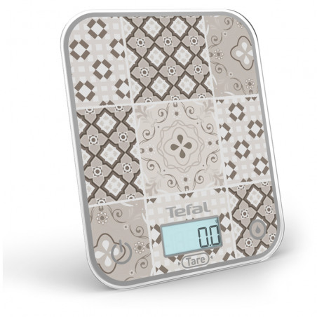 Кухненска везна Tefal Optiss BC50D6V0, До 5 кг, ТАРА, LCD, Стъкло, Големи цифри, Сив/декоративен десен