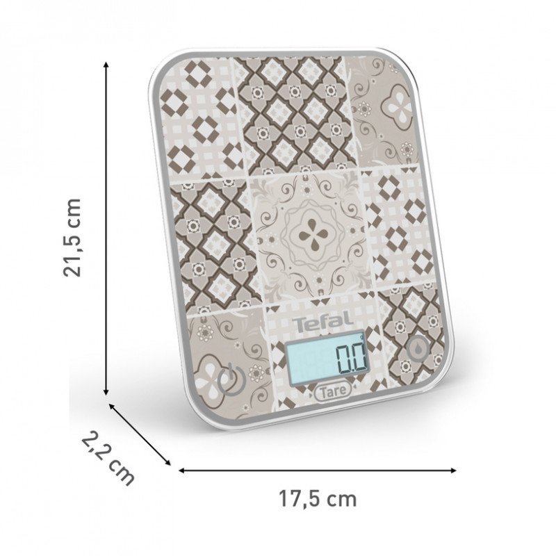 Кухненска везна Tefal Optiss BC50D6V0, До 5 кг, ТАРА, LCD, Стъкло, Големи цифри, Сив/декоративен десен