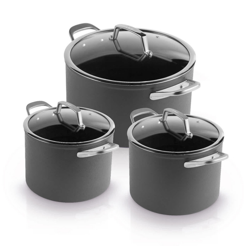 Комплект тенджери Ninja ZeroStick C33300DE, 6 части, До 260°C, Незалепващо покритие, Без PFAS, Стъклен капак, Индукция, Черен