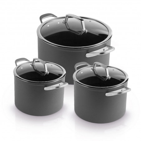 Комплект тенджери Ninja ZeroStick C33300DE, 6 части, До 260°C, Незалепващо покритие, Без PFAS, Стъклен капак, Индукция, Черен