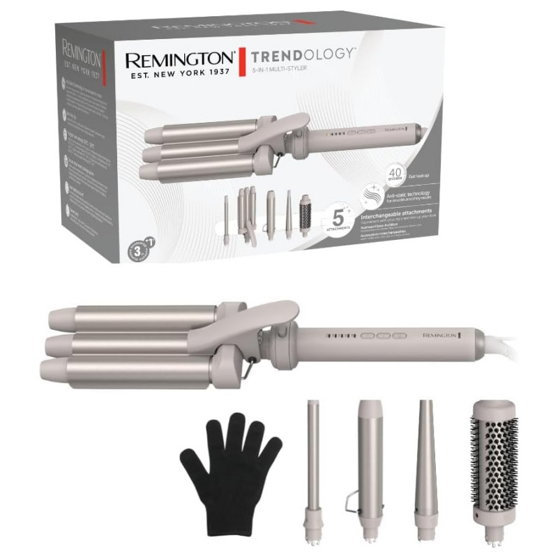 Уред за стилизиране на коса 5в1 Remington CI41MS5 Trendology, 92 W, 5 настройки до 210C, Керамично покритие, Ionic Air, LED дисплей, Лилав/Златист,