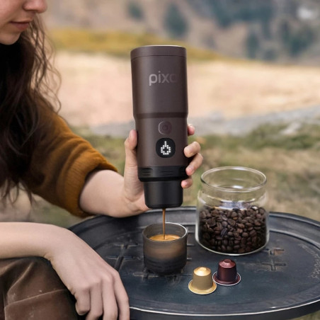 Преносима еспресо машина Wacaco Pixapresso, 20 bar, 9000 mAh, 120 мл, Мляно + капсули, LED тъч контрол, Тъмно бордо