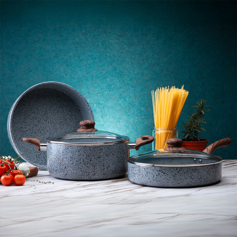 Тиган с капак Oliver Voltz Siena OV51319J22CD, 22 см, Дълбок, Мраморно покритие, Индукция, Сив