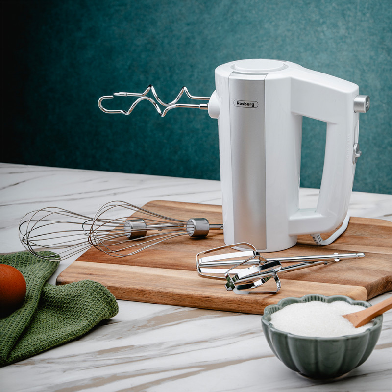 Миксер Rosberg R51110K, 300 W, 5 скорости + Турбо, Поставка за аксесоари, Бял