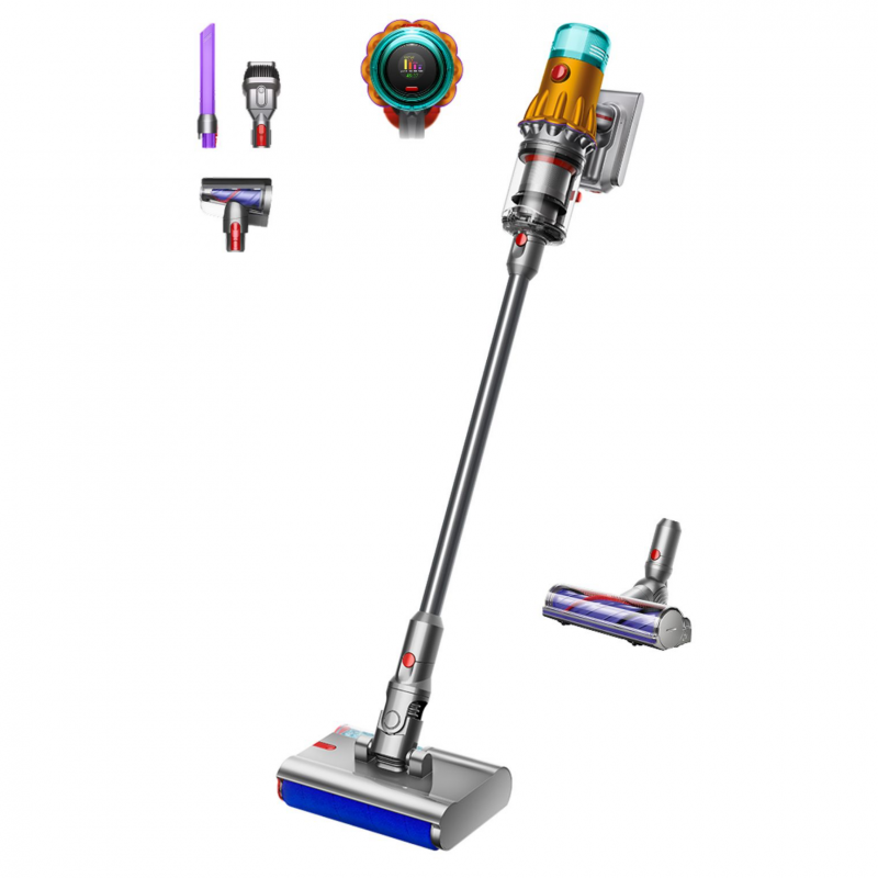 Вертикална прахосмукачка Dyson V12s Detect Slim Submarine 485350-01, 140AW, 0.35 л, 60 мин, Сухо/мокро, 3 режима, HEPA, Сензор за прах, Хигиенично изпразване, LCD с данни в реално време, Никел/жълт