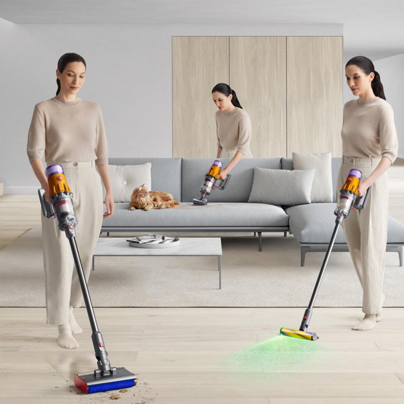 Вертикална прахосмукачка Dyson V12s Detect Slim Submarine 485350-01, 140AW, 0.35 л, 60 мин, Сухо/мокро, 3 режима, HEPA, Сензор за прах, Хигиенично изпразване, LCD с данни в реално време, Никел/жълт