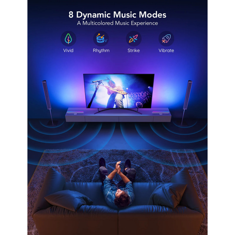 Комплект 2 Smart LED лампи за телевизор Govee H6046 RGBIC, 24W, Адресируеми цветни сегменти, Wi-Fi, Bluetooth, Govee Home, Черен