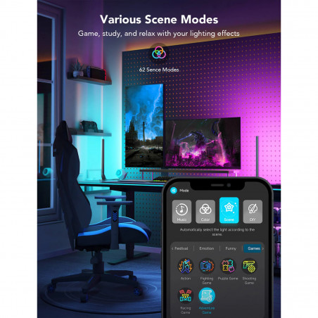 Комплект 2 Smart LED гейминг лампи Govee RGBIC H6047, 24W, Адресируеми цветни сегменти, Wi-Fi, Bluetooth, Govee Home, Черен