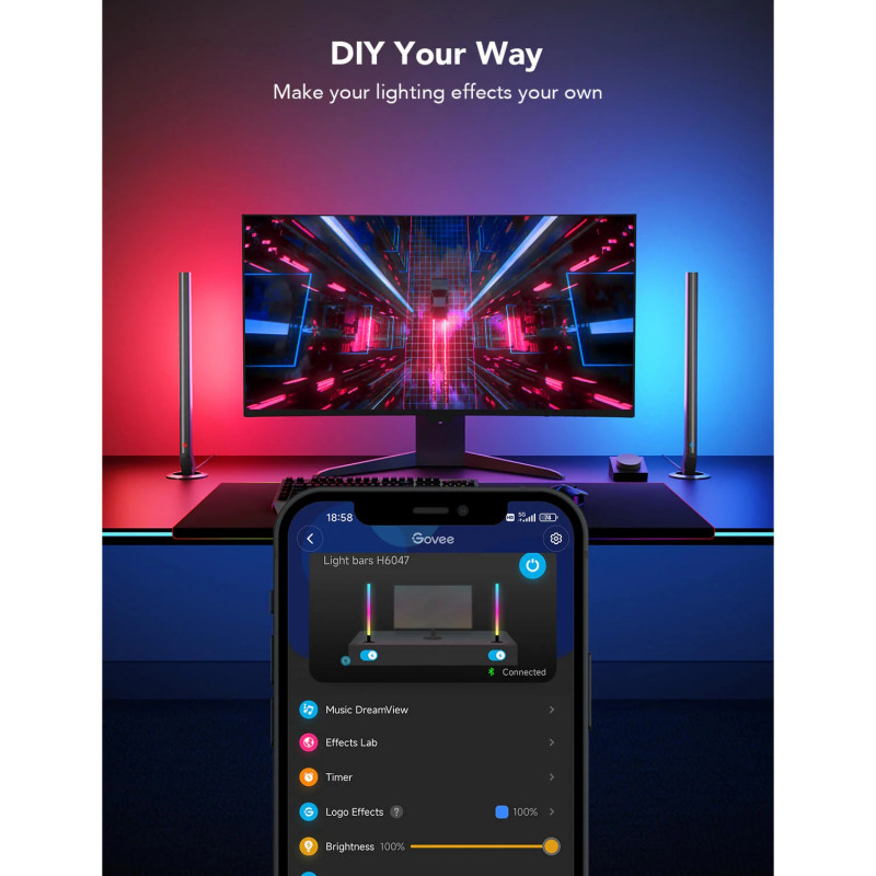 Комплект 2 Smart LED гейминг лампи Govee RGBIC H6047, 24W, Адресируеми цветни сегменти, Wi-Fi, Bluetooth, Govee Home, Черен