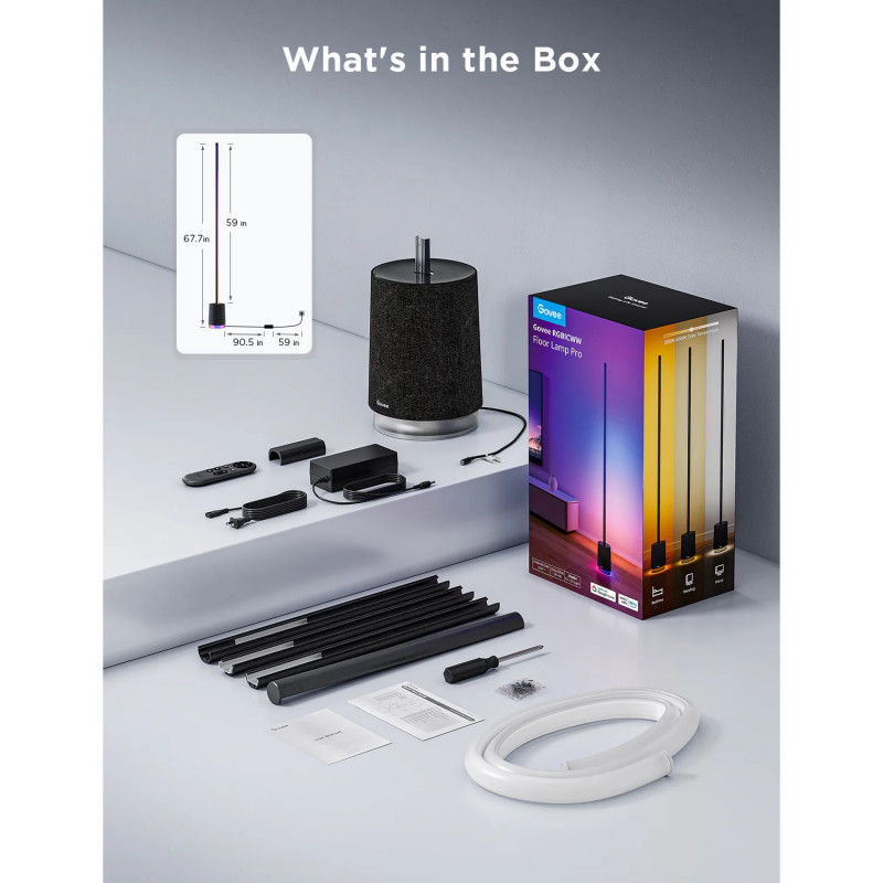 Подова Smart LED лампа Govee Floor Lamp Pro RGBICWW H6079, 170 см, 48W, 2100 lm, 6500K, Wi-Fi, Bluetooth, Govee Home, Черен
