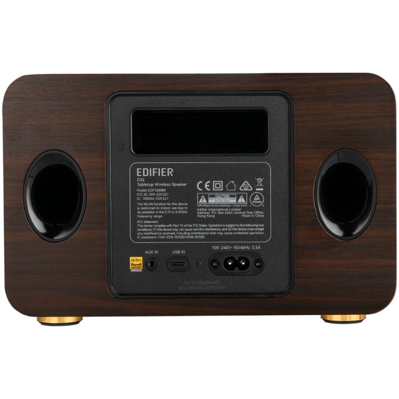 Тонколона Edifier D32 BL-WALNUT, 60W, 11 часа, Hi-Res Audio/Wireless, Bluetooth 5.3, Wi-Fi, Apple Airplay2, DRC, DSP,  Дървен корпус, Черен орех/кафяв