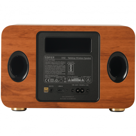 Тонколона Edifier D32 BR, 60W, 11 часа, Hi-Res Audio/Wireless, Bluetooth 5.3, Wi-Fi, Apple Airplay2, DRC, DSP,  Дървен корпус, Кафяв