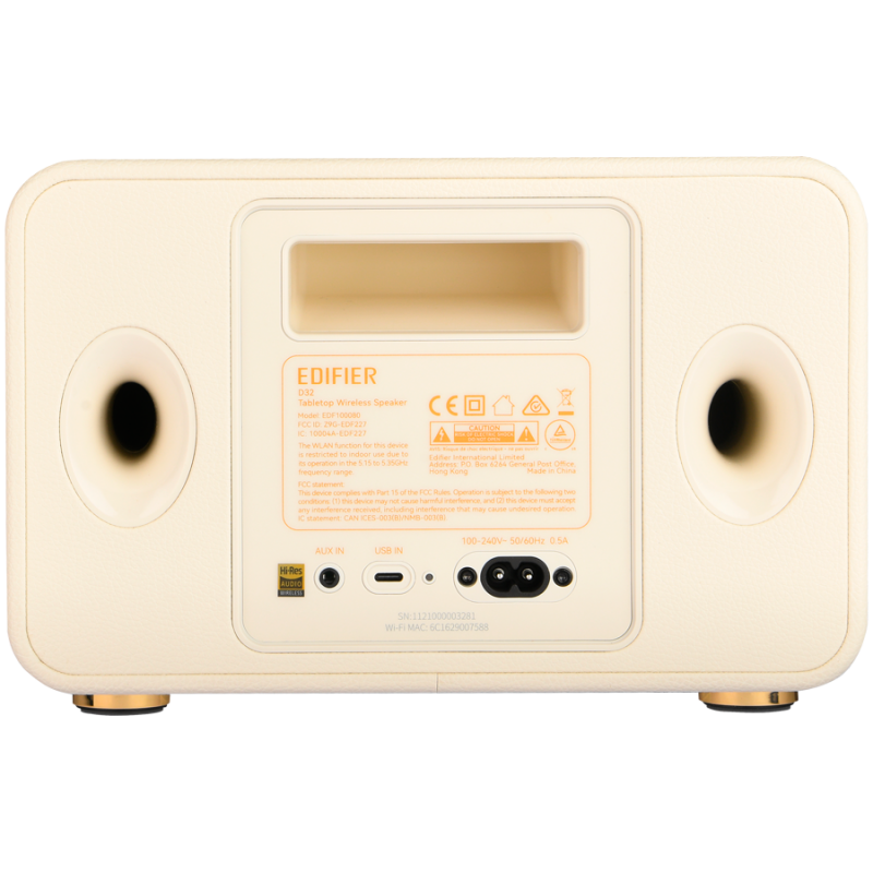Тонколона Edifier D32 WH, 60W, 11 часа, Hi-Res Audio/Wireless, Bluetooth 5.3, Wi-Fi, Apple Airplay2, DRC, DSP,  Дървен корпус, Бял