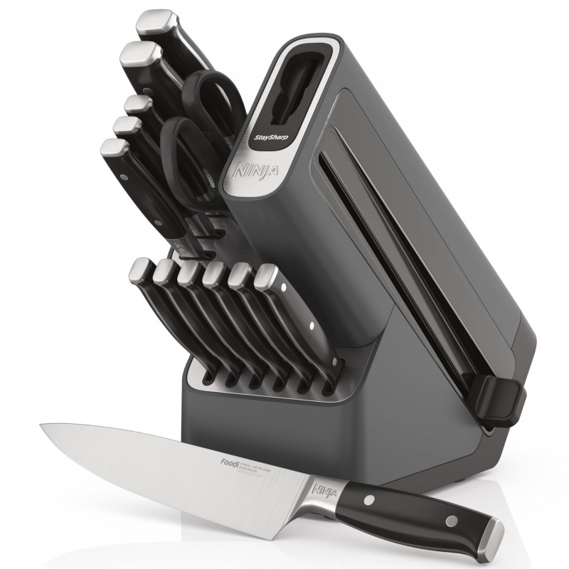 Комплект кухненски ножове с точило Ninja K32014EUUK, 14 части, StaySharp, Ергономичен дизайн, Сребрист/черен