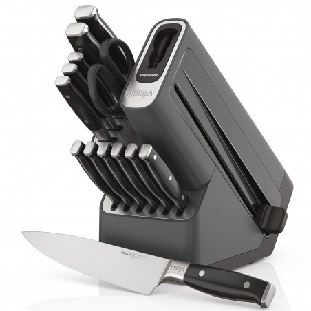 Комплект кухненски ножове с точило Ninja K32014EUUK, 14 части, StaySharp, Ергономичен дизайн, Сребрист/черен