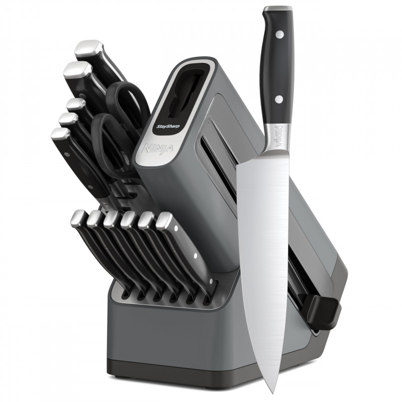 Комплект кухненски ножове с точило Ninja K32014EUUK, 14 части, StaySharp, Ергономичен дизайн, Сребрист/черен
