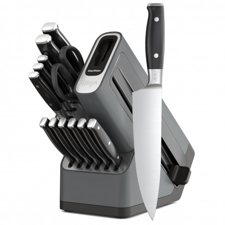 Комплект кухненски ножове с точило Ninja K32014EUUK, 14 части, StaySharp, Ергономичен дизайн, Сребрист/черен