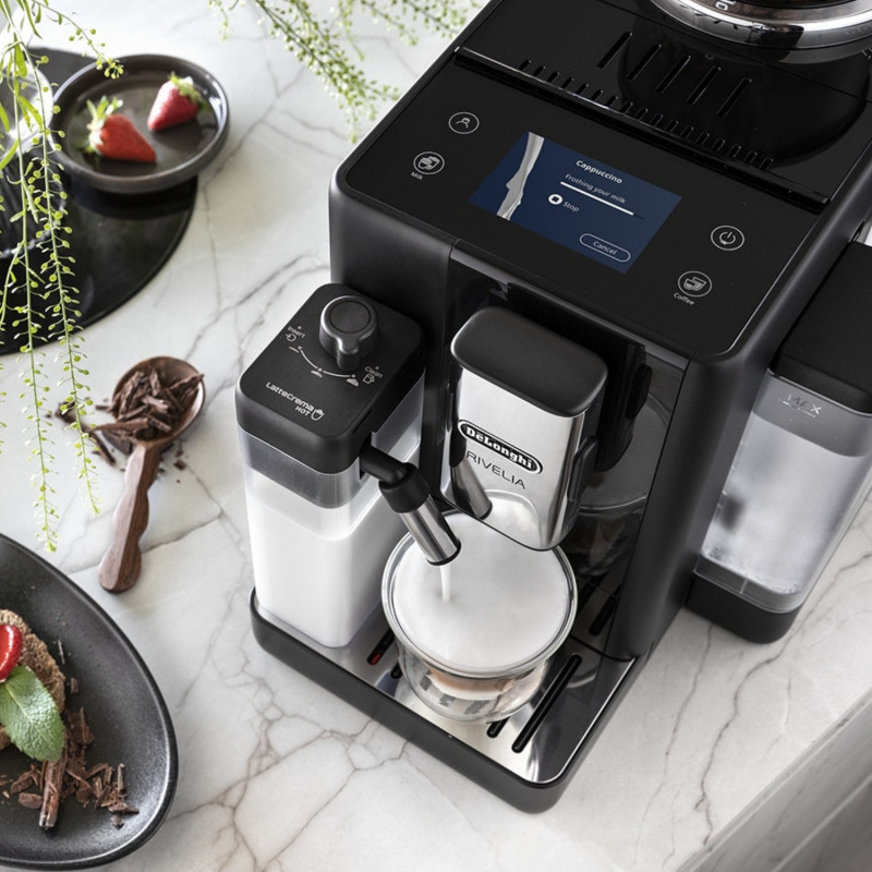 Еспресо машина DeLonghi Rivelia Onyx Black EXAM440.55.B, 1450W, 19 bar, 1.4 л, 16 напитки, Aroma, LatteCrema Hot, Twin Shot, Bean Adapt, TFT тъч дисплей, Черен мат