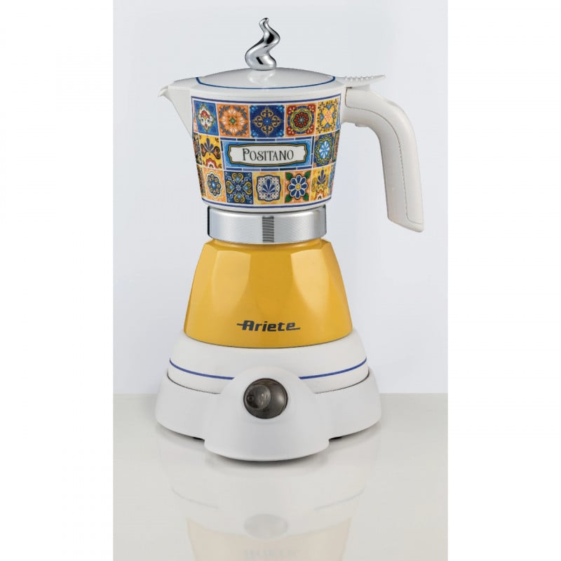 Електрическа кафеварка Ariete Moka Vintage Positano 1358/1P, 400W, 4 чаши, Безжична употреба, Въртяща се на 360 градуса основа, Бял/Жълт