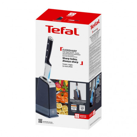 Кухненски нож Tefal K297S244, 20 см, Неръждаема стомана, Поставка с вградено точило, Предпазител за пръсти, Черен