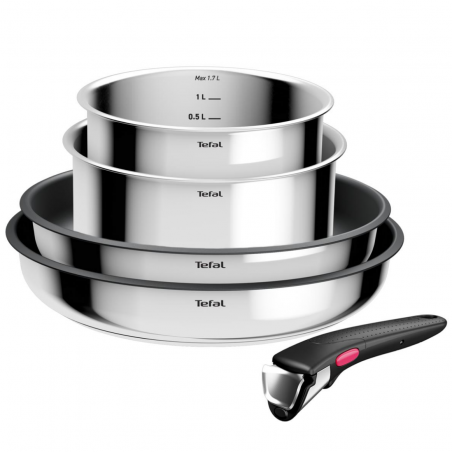 Комплект тигани и тенджери Tefal L881S504, 5 части, Неръждаема стомана, Титаниево незалепващо покритие, Фурна до 250°C, Подвижна дръжка, Индукция, Инокс