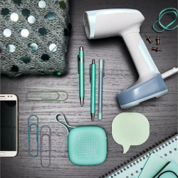 Уред за гладене с пара Tefal DT3041E1, 1300W, 0.12 л, 20 г/мин, Вертикално гладене, Керамична плоча, Сгъваем, Бял/син