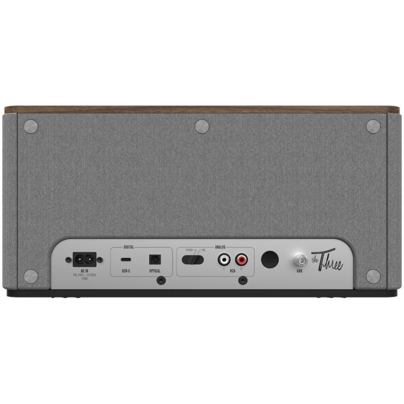 Тонколона Klipsch The Three Plus Walnut, 120W, 2.1, 45Hz, USB+USB-C, Type-A, RCA, Bluetooth, Мобилно приложение, Орехово дърво/сив