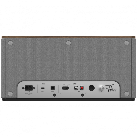 Тонколона Klipsch The Three Plus Walnut, 120W, 2.1, 45Hz, USB+USB-C, Type-A, RCA, Bluetooth, Мобилно приложение, Орехово дърво/сив