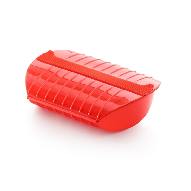 Съд за готвене на пара в микровълнова с решетка Lekue 1009026, 1.4 литра, 3-4 порции, Платинен силикон, Червен