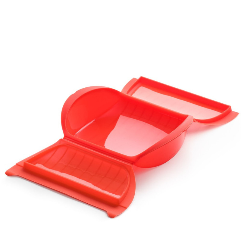 Съд за готвене на пара в микровълнова с решетка Lekue 1009026, 1.4 литра, 3-4 порции, Платинен силикон, Червен