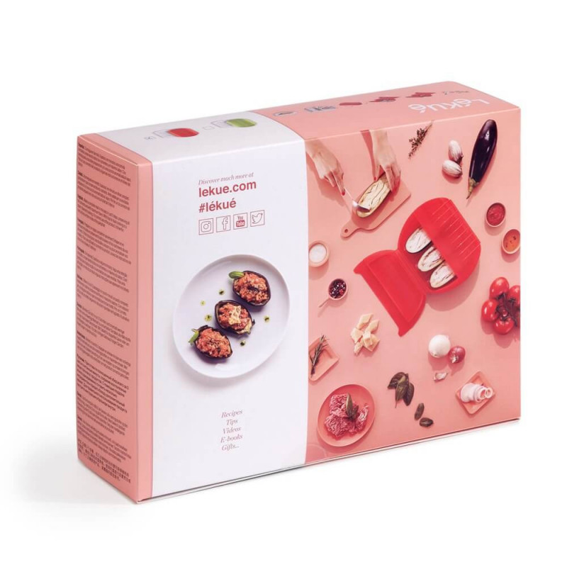 Съд за готвене на пара в микровълнова с решетка Lekue 1009026, 1.4 литра, 3-4 порции, Платинен силикон, Червен