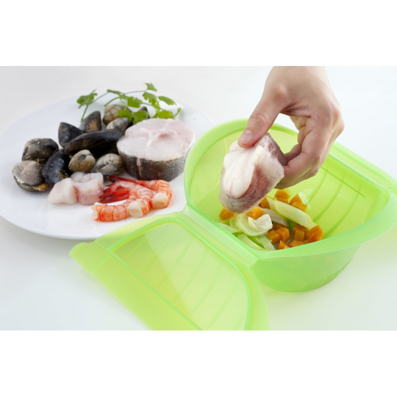 Съд за готвене на пара в микровълнова Lekue 1009027, 500 мл, 1-2 порции, Платинен силикон, Зелен