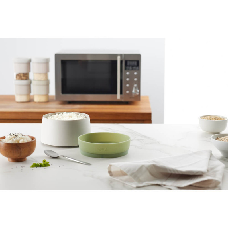 Съд за готвене на ориз и киноа в микровълнова Lekue 1009033, 1 литър, До 4 порции, 17.8x13 см, -20 до +100C, Бял/Зелен