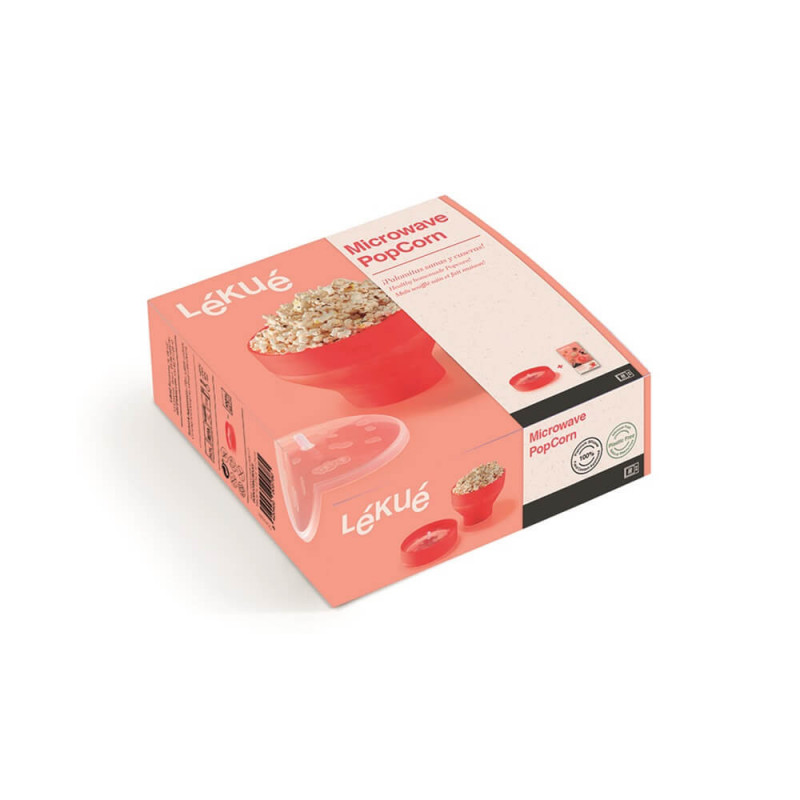 Купа за приготвяне на пуканки в микровълнова Lekue 1009035, 2.8 литра, Ø20x14.5 см, До 3 души, -60 до +220C, Червен