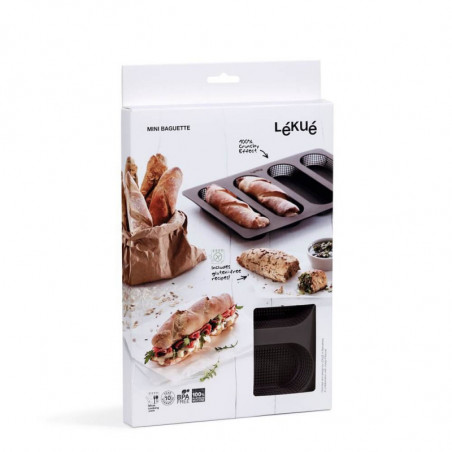 Форма за печене на багети Lekue 1009039, 29x20x2 см, 600 мл, 4 отделения, Платинен силикон, От -60 до +220C, Кафяв