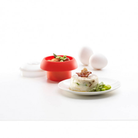 Уред за приготвяне на яйце в микровълнова Lekue 1009050, 100 мл, За 1 яйце, Платинен силикон, Червен/Прозрачен