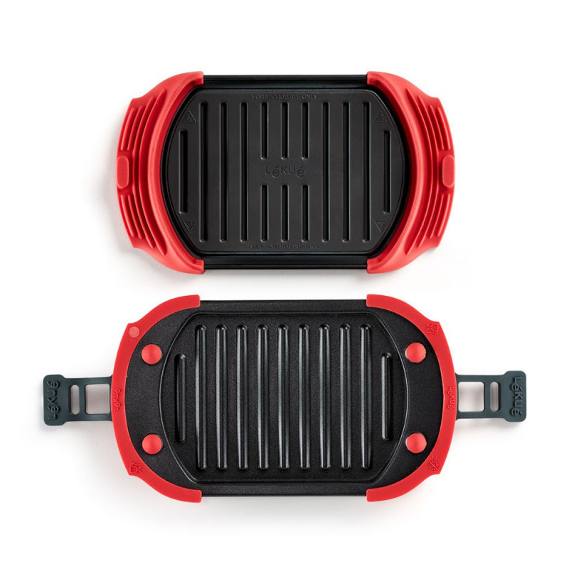 Съд за гриловане в микровълнова Lekue 1009081, 25.2x14.8x5.4 см, Платинен силикон, Стомана с незалепващо покритие, От 0 до +240C, Червен