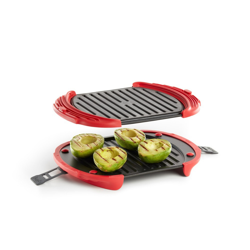 Съд за гриловане в микровълнова Lekue 1009082, 27x20.7.8x4.4 см, Платинен силикон, Стомана с незалепващо покритие, От 0 до +240C, Червен