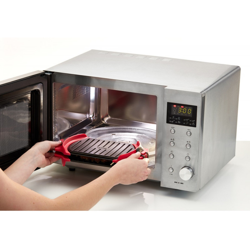 Съд за гриловане в микровълнова Lekue 1009082, 27x20.7.8x4.4 см, Платинен силикон, Стомана с незалепващо покритие, От 0 до +240C, Червен