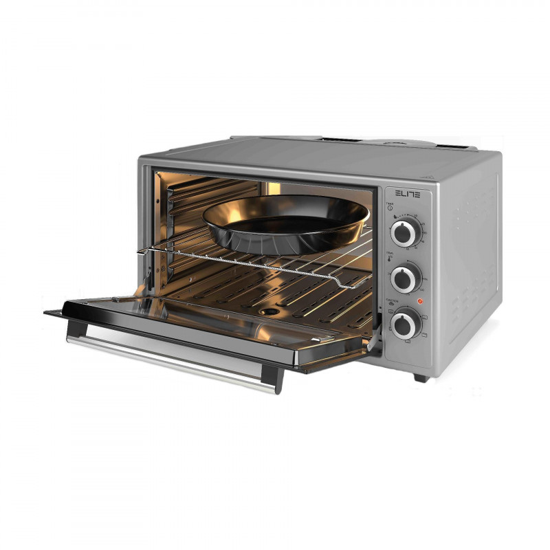 Малка готварска печка Elite EMO-FL 48 2589, 2000W, 48 литра, 3 режима, Двойно стъкло, Термостат, Таймер, Турбо вентилатор, Сив