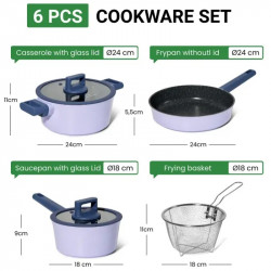 Комплект съдове за готвене Just Perfecto JL-330, 6 части, Мраморно покритие, Индукция, Стъклен капак с отвор за пара, Лилав/син