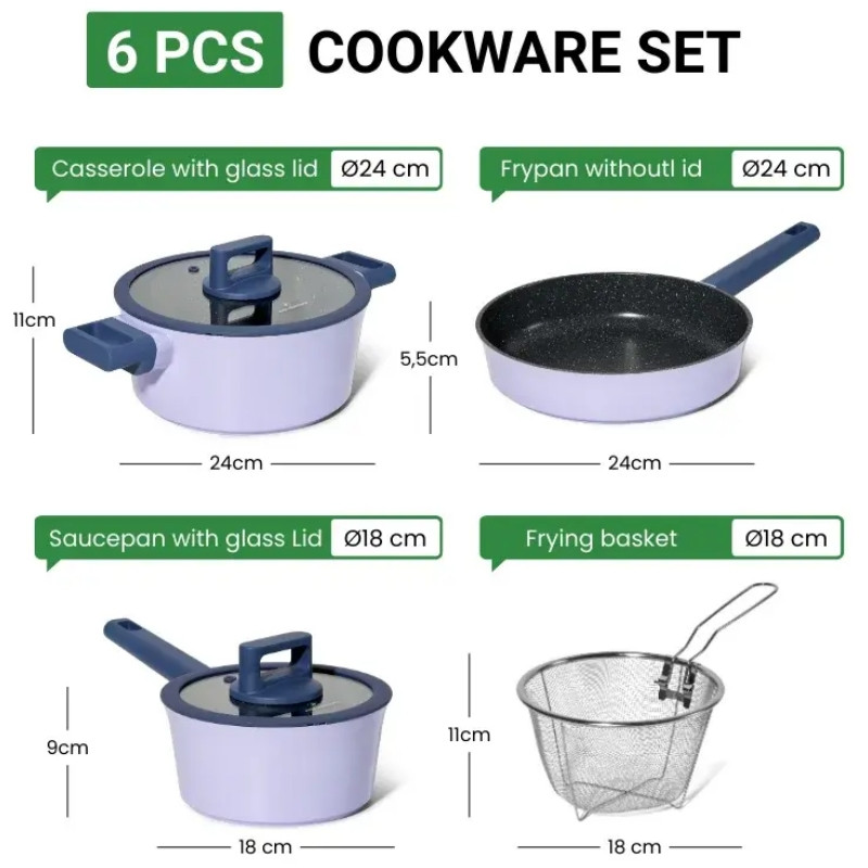 Комплект съдове за готвене Just Perfecto JL-330, 6 части, Мраморно покритие, Индукция, Стъклен капак с отвор за пара, Лилав/син
