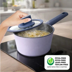 Комплект съдове за готвене Just Perfecto JL-330, 6 части, Мраморно покритие, Индукция, Стъклен капак с отвор за пара, Лилав/син