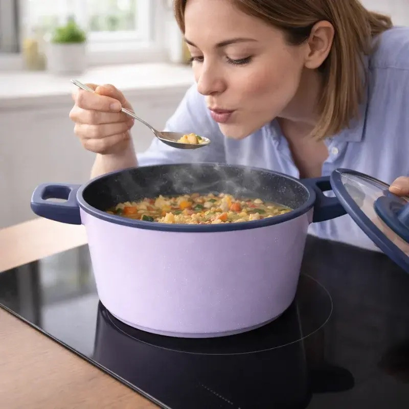 Комплект съдове за готвене Just Perfecto JL-330, 6 части, Мраморно покритие, Индукция, Стъклен капак с отвор за пара, Лилав/син