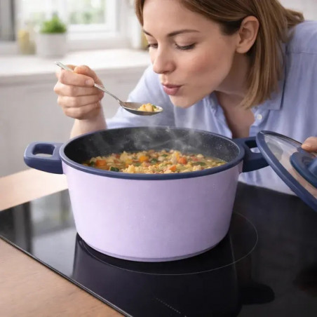 Комплект съдове за готвене Just Perfecto JL-330, 6 части, Мраморно покритие, Индукция, Стъклен капак с отвор за пара, Лилав/син