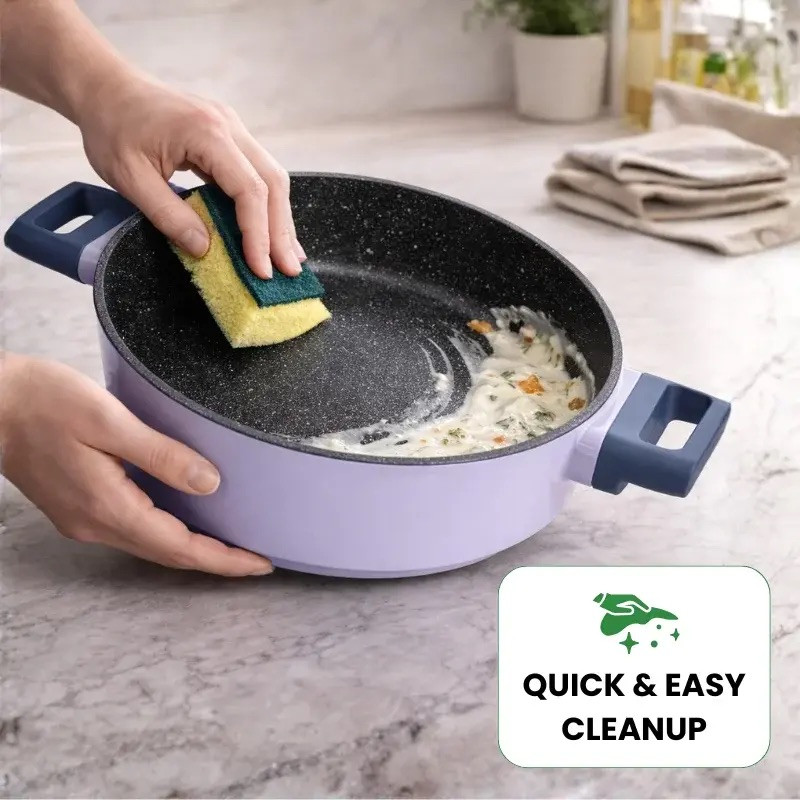 Комплект съдове за готвене Just Perfecto JL-330, 6 части, Мраморно покритие, Индукция, Стъклен капак с отвор за пара, Лилав/син