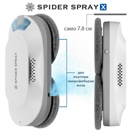 Робот за почистване на прозорци Spider SPRAY X, 72W, 3000 Pa, 65 мл, Интелигентна навигация, Автоматично регулиране на мощността и посоката, Защита от падане, Бял